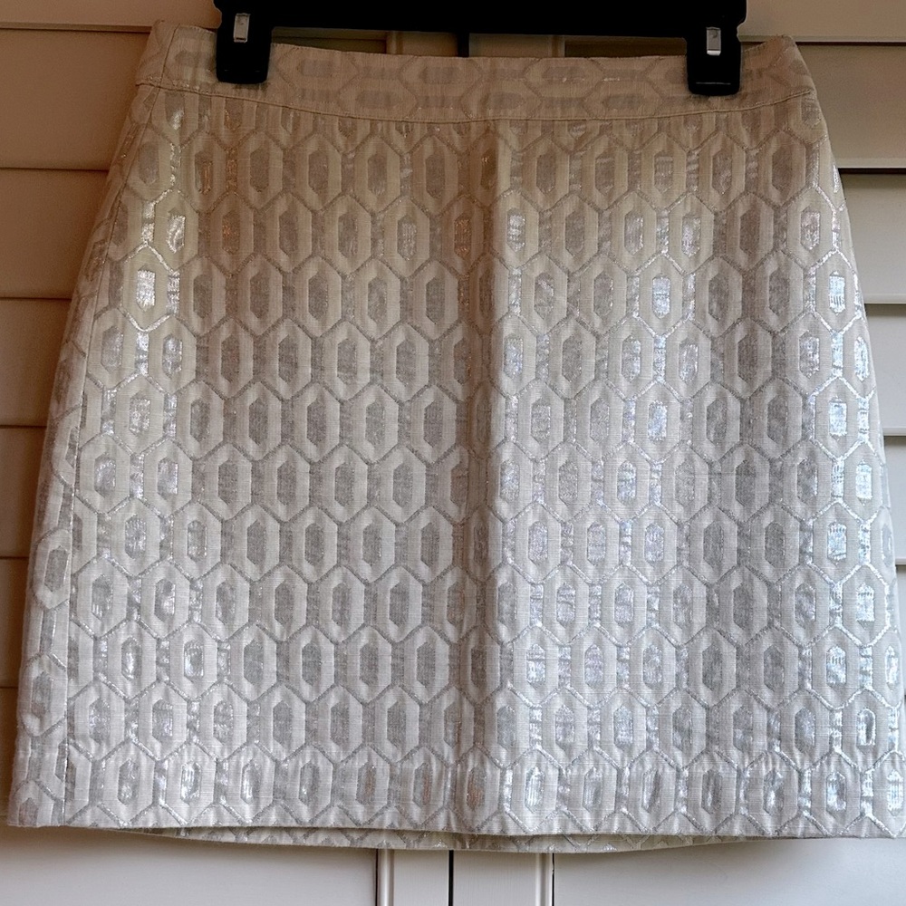 Banana Republic Mini Pencil Skirt, Cream with Silver Metallic Brocade